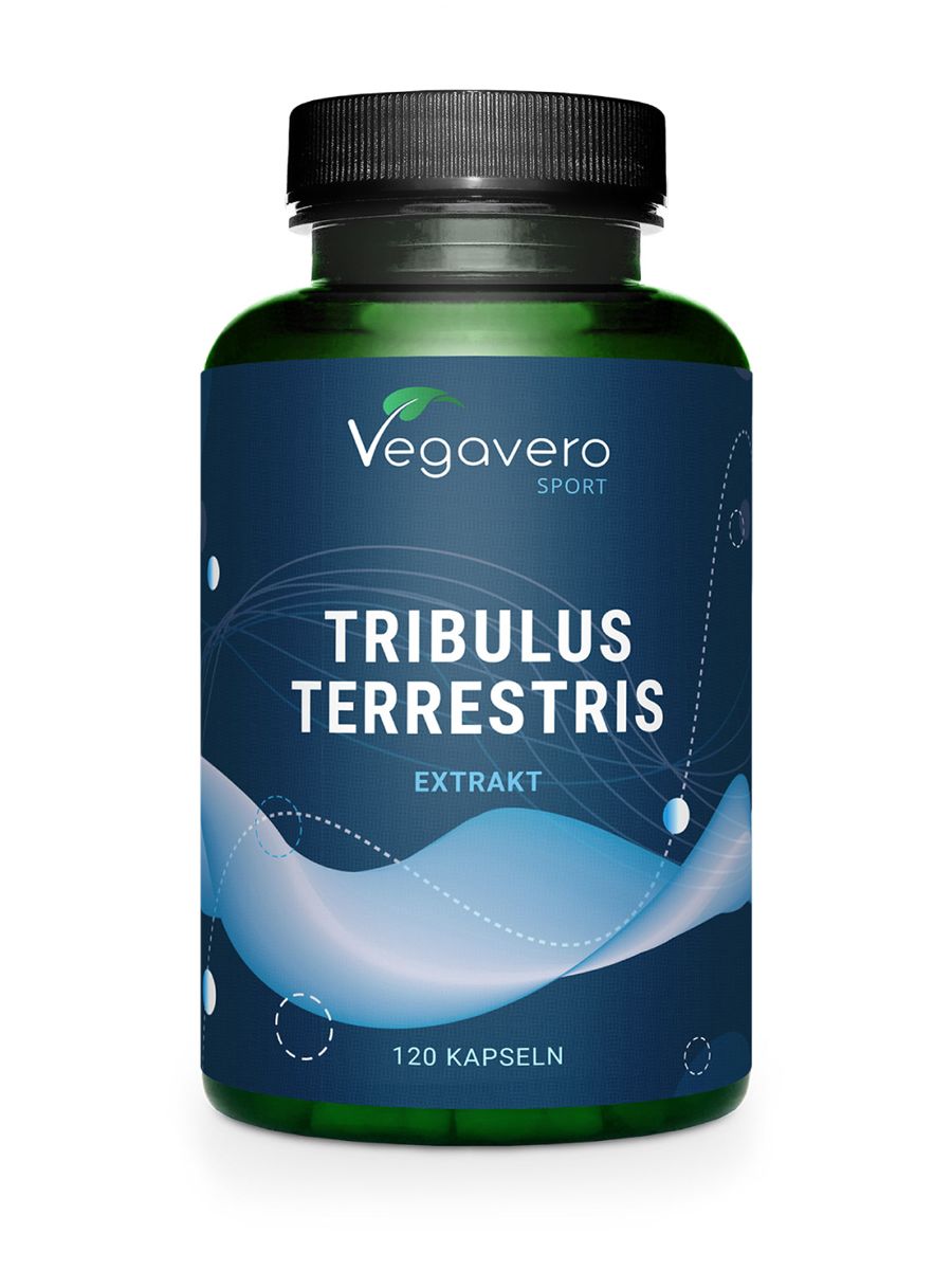 Grüne Glasflasche mit schwarzem Deckel. Aufschrift: VEGAVERO SPORT, Tribulus Terrestris Extrakt, 120 Kapseln. Blau-weiße Grafik.