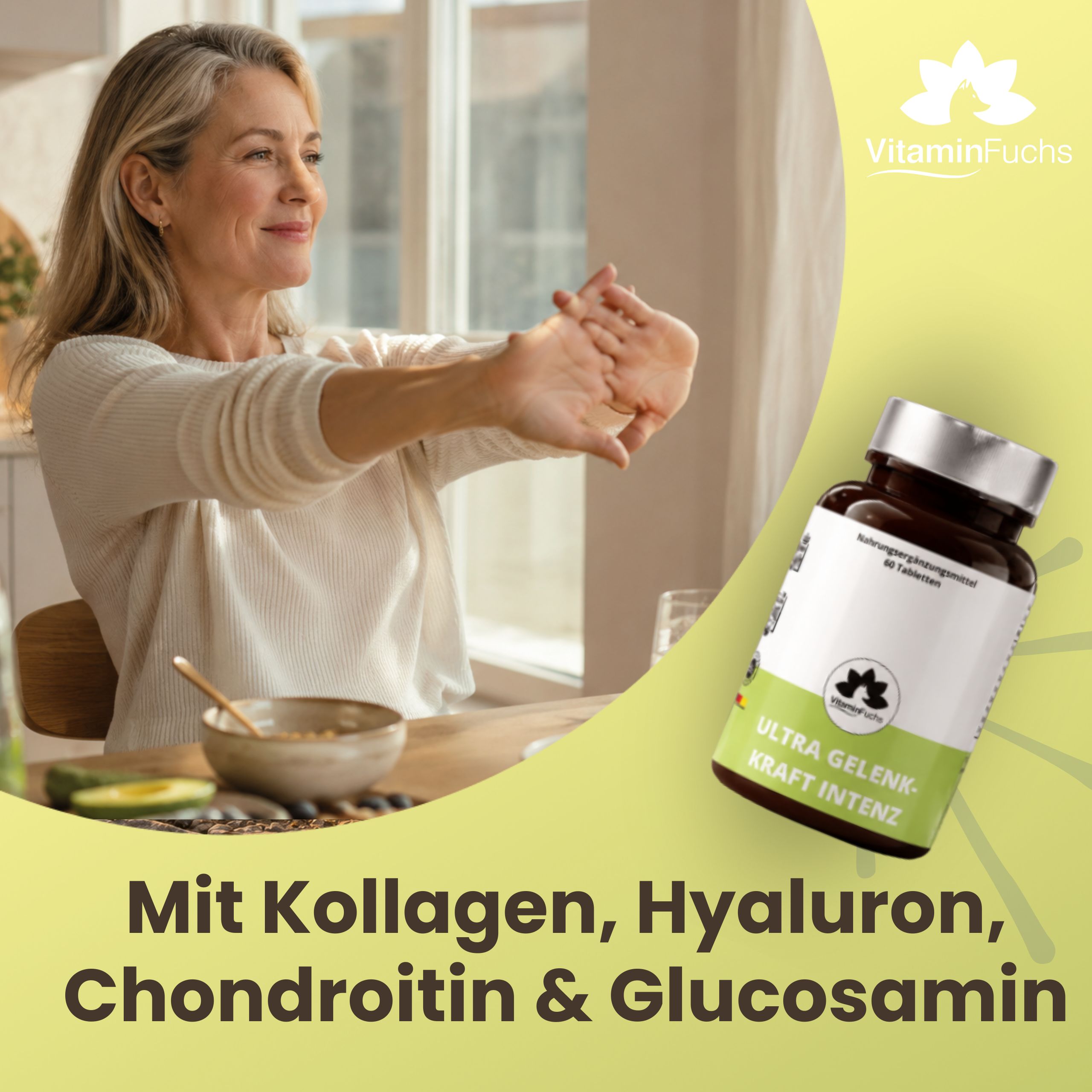 Frau dehnt sich. Flasche mit Tabletten. Text: Mit Kollagen, Hyaluron, Chondroitin & Glucosamin. VitaminFuchs Logo.