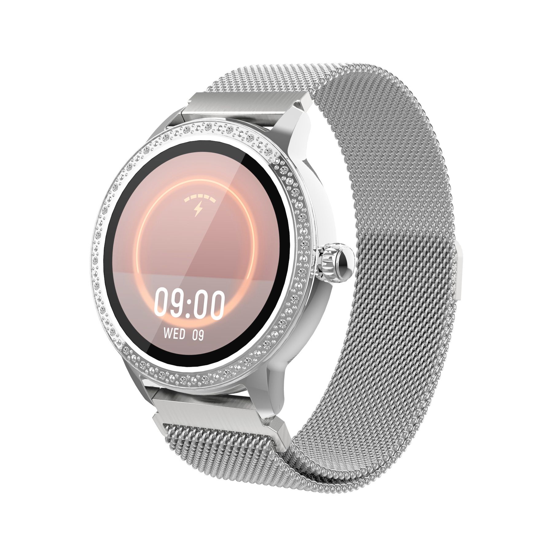 Silberne Smartwatch mit Mesh-Armband. Rundes Zifferblatt mit Strass. Zeigt Uhrzeit und Ladesymbol. Touchdisplay.