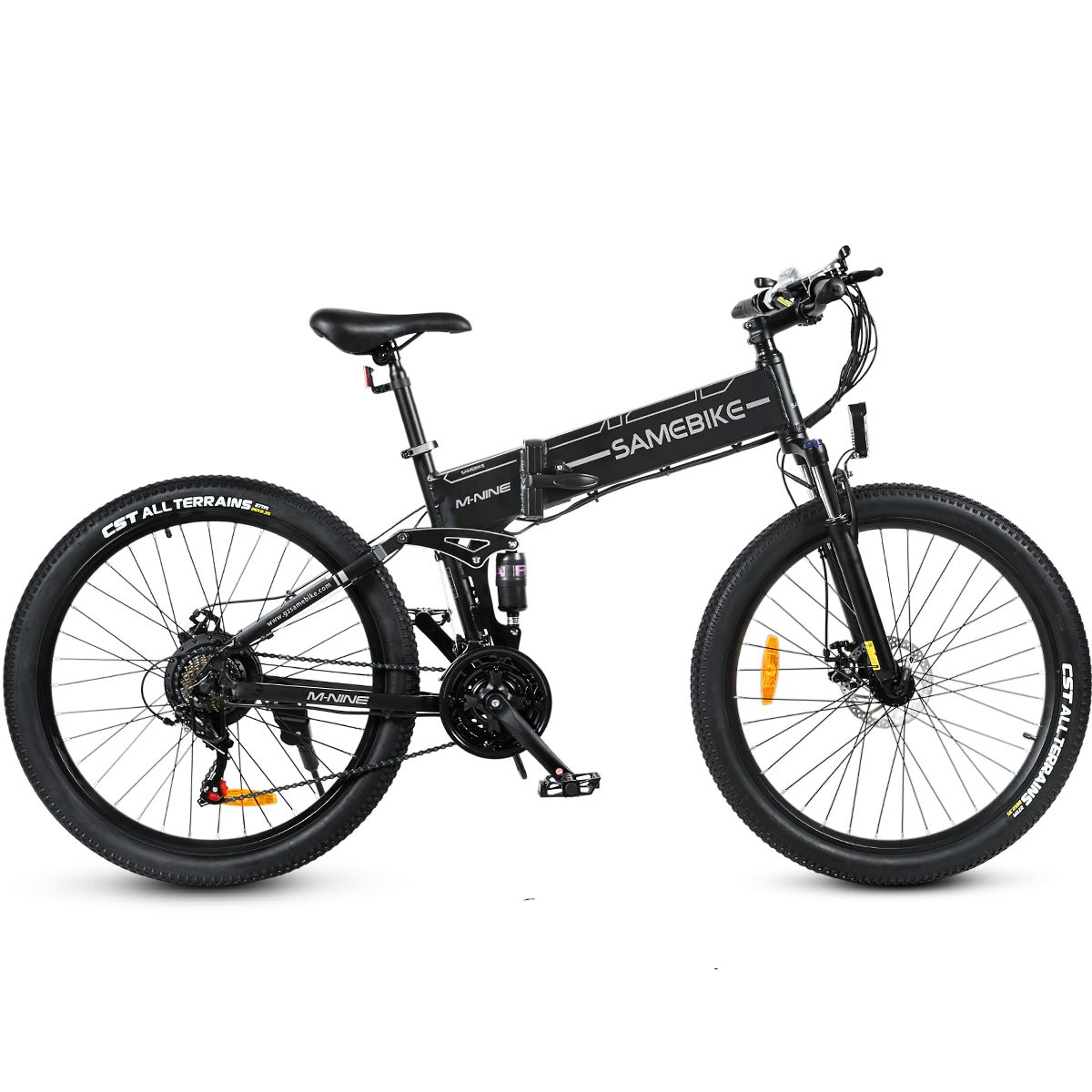 Schwarzes Elektrofahrrad, gefaltet. Räder, Sattel, Lenker und Akku sichtbar. Marke SAMEBIKE.