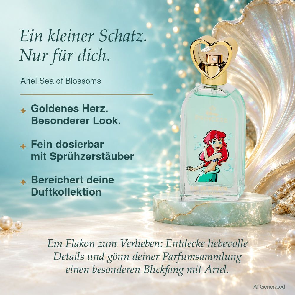 Disney Princess Ariel Sea of Blossoms Eau de Parfum auf Podest, mit Muscheln und Perlen dekoriert.