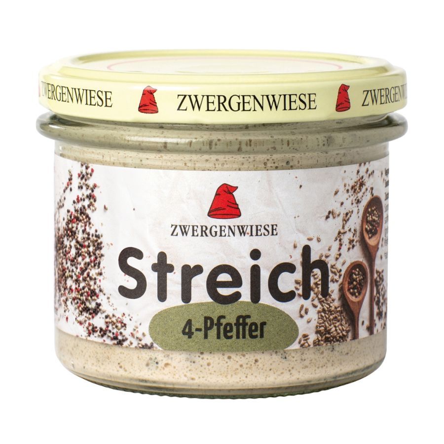 Glas mit Aufstrich. Aufschrift "Zwergenwiese Streich 4-Pfeffer". Deckel mit Logo. Produktverpackung.