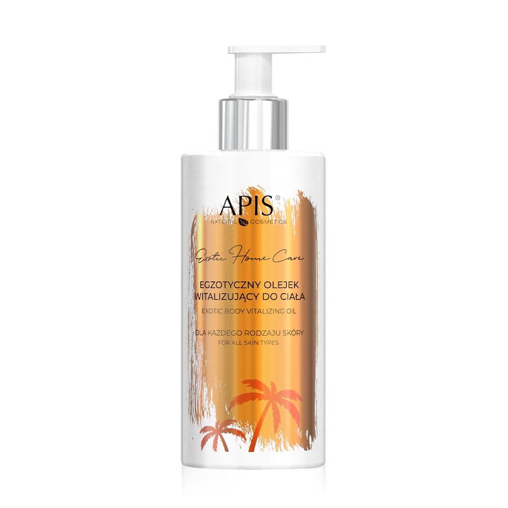 Weiße Flasche mit Pumpe, goldfarbenem Aufdruck und Palmen. Text: APIS, Exotic Home Care, Exotic Body Vitalizing Oil.