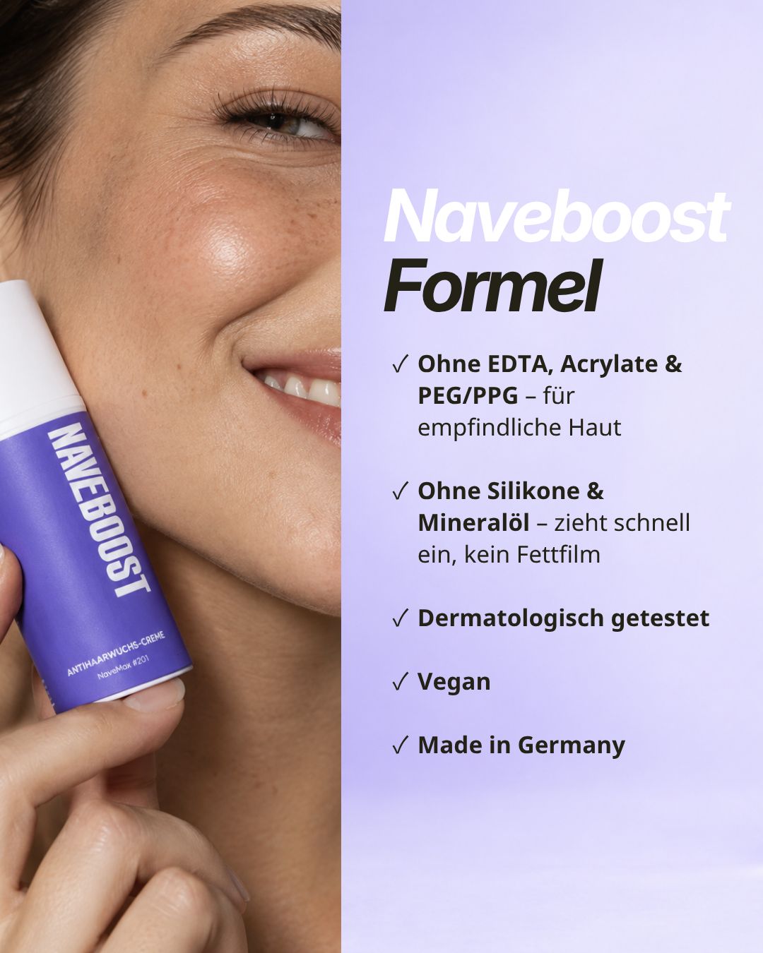 Naveboost Anti-Haarwuchs-Creme in einem lila Spender. Sanfte Alternative zur Enthaarungscreme.