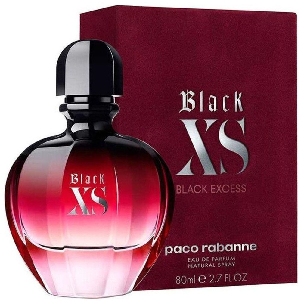 Parfümflasche mit rotem Farbverlauf und schwarzem Verschluss. Aufschrift Black XS und Paco Rabanne.