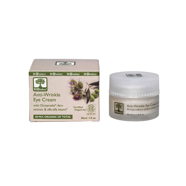 Augencreme-Tiegel und -Verpackung. Aufschrift: Anti-Wrinkle Eye Cream. Zertifiziertes Bio-Produkt. 30ml/1 fl oz.