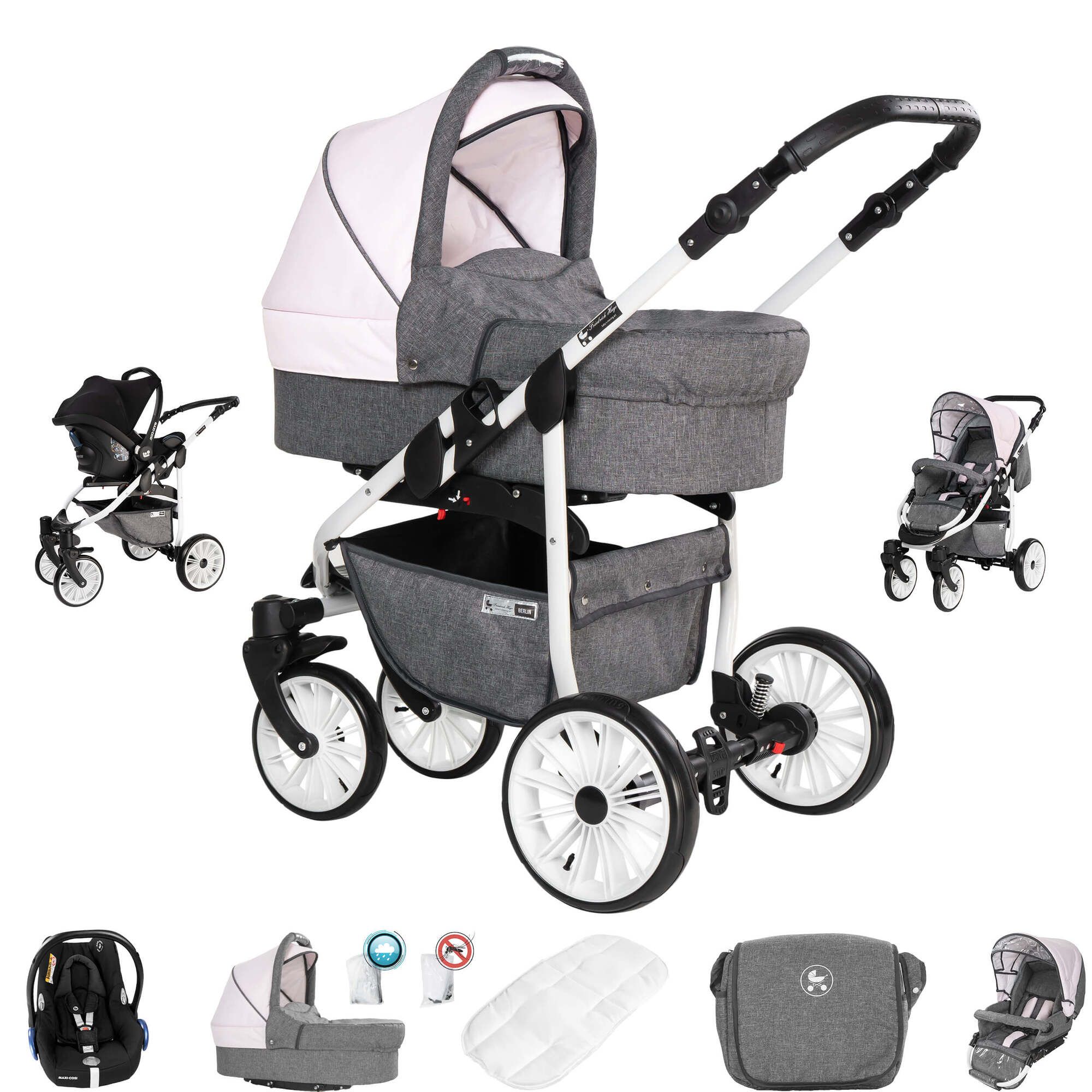 Kinderwagen, grau-rosa, mit Zubehör. Vier Räder, weißes Gestell. Enthält Babywanne, Maxi Cosi, Tasche.