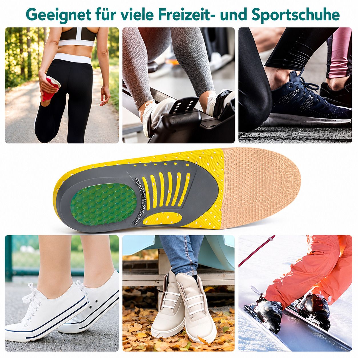Collage von Personen in verschiedenen Aktivitäten (Sport, Alltag) mit orthopädischen Einlegesohlen.