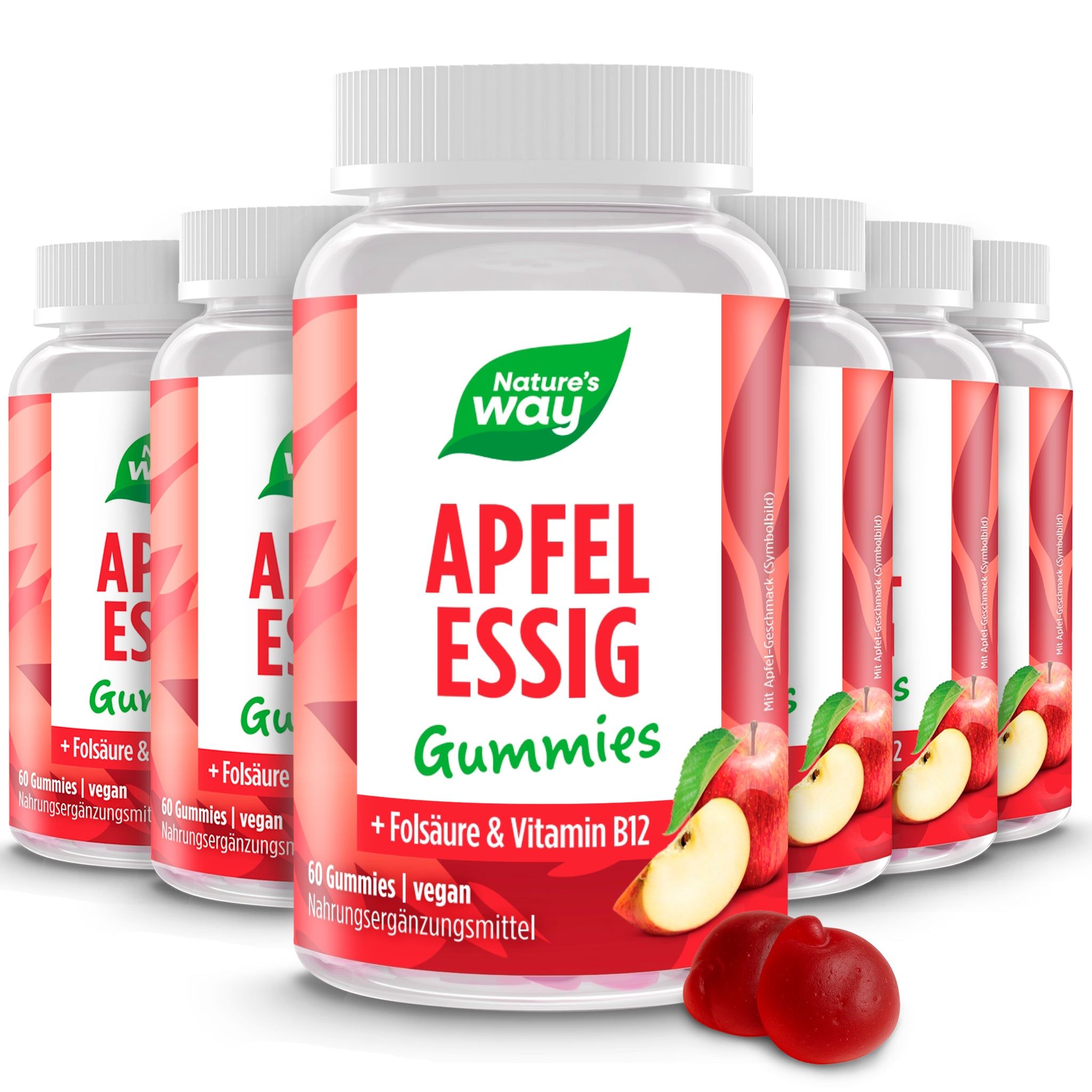Mehrere Flaschen Nature's Way Apfelessig Gummies. Rote Etiketten mit Produktinformationen und Apfel-Illustrationen. 60 Gummies, vegan.
