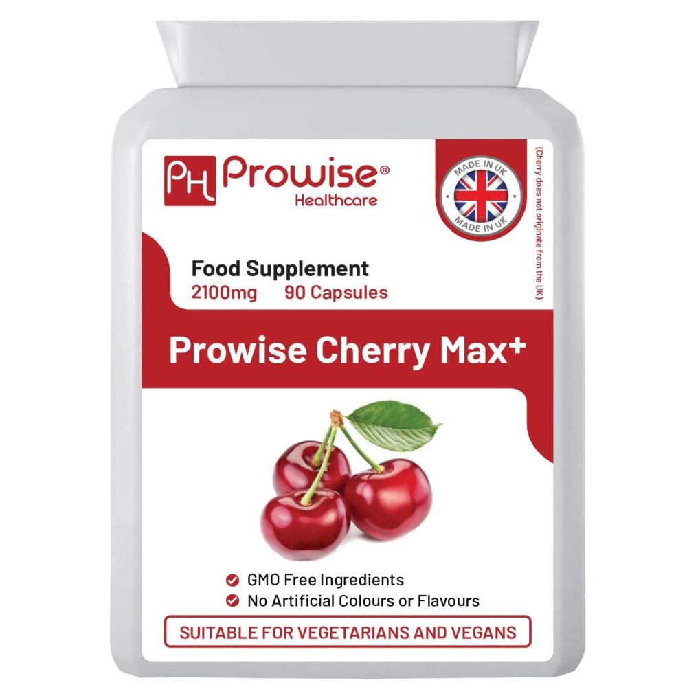 Weiße Flasche mit rotem Etikett. Aufschrift: Prowise Cherry Max+ Kapseln, 90 Stück. Kirschabbildung. Geeignet für Vegetarier und Veganer.