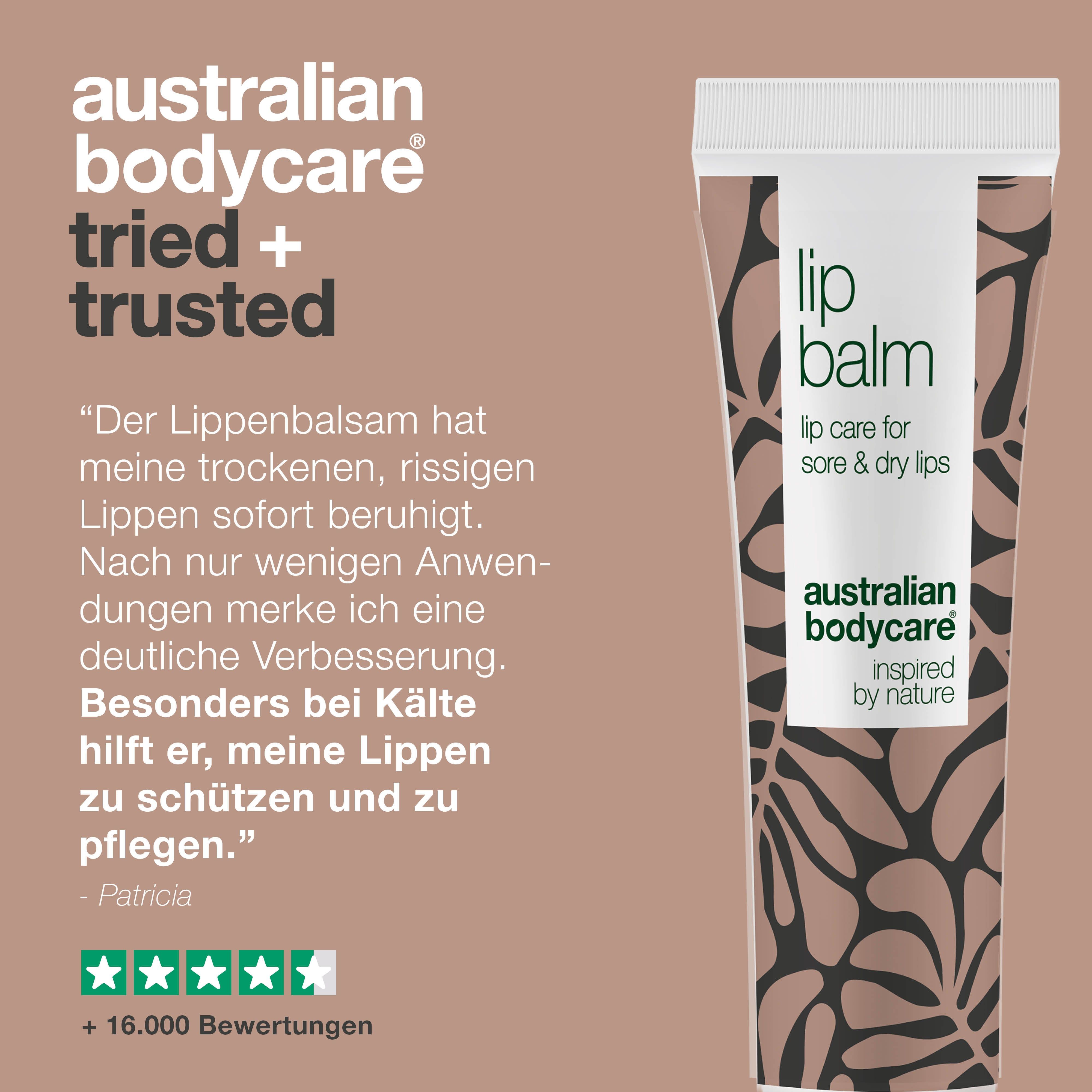 Lippenpflege-Tube. Text: Lip Balm, Australian Bodycare. Getestet und von Dermatologen bestätigt. Sanft zur Lippenpflege.