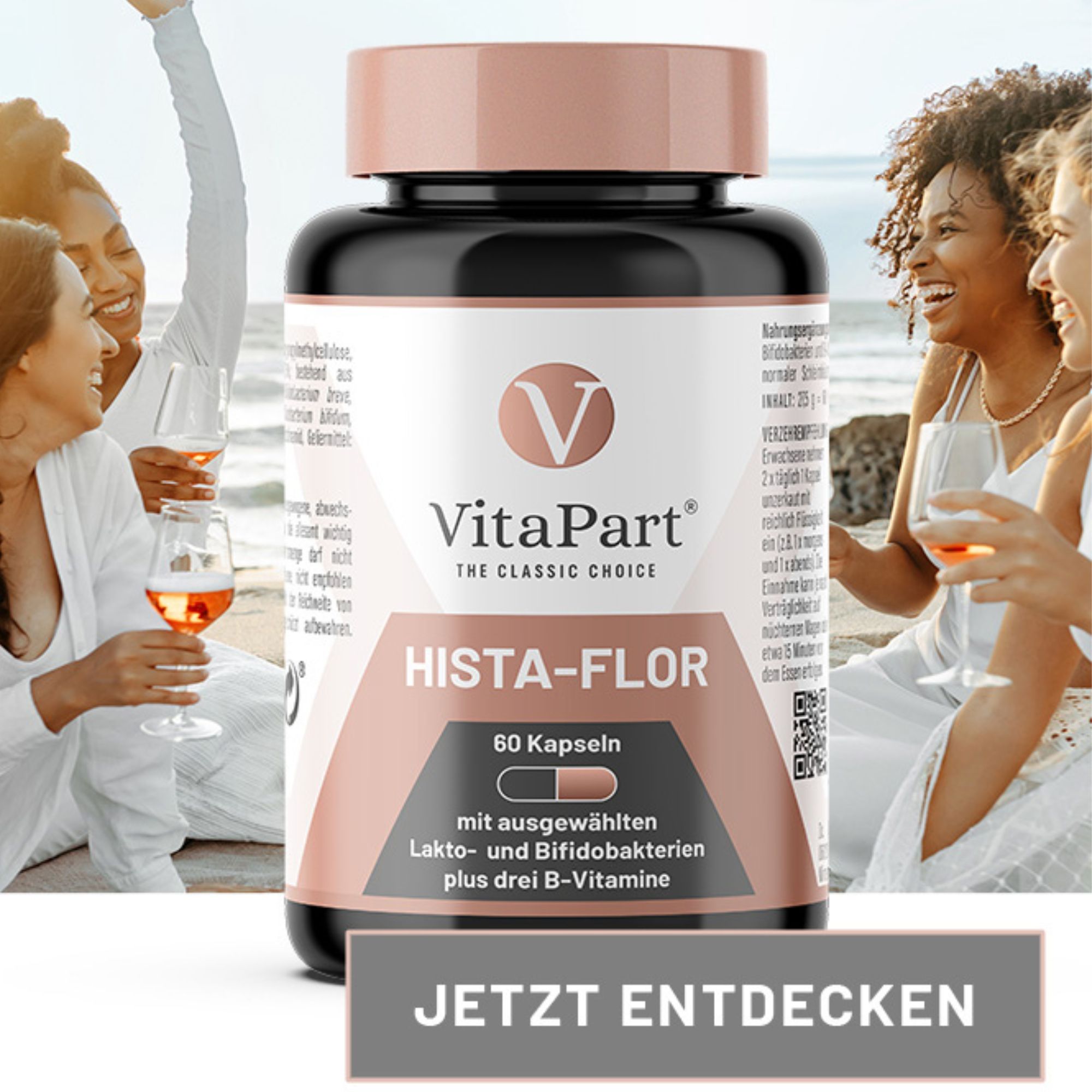 Flasche VitaPart Hista-Flor, 60 Kapseln, vor Strandkulisse mit Frauen. Text: Jetzt entdecken.