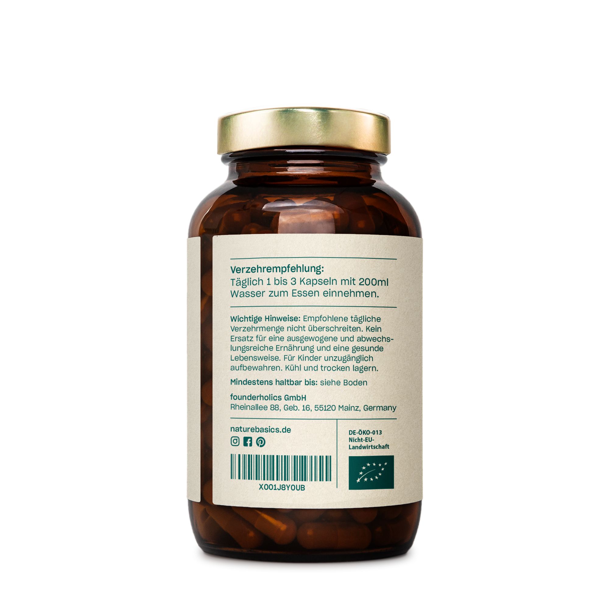 Braunglasflasche mit Kapseln. Etikett mit Verzehrempfehlung und Inhaltsangaben. Bio-Siegel.