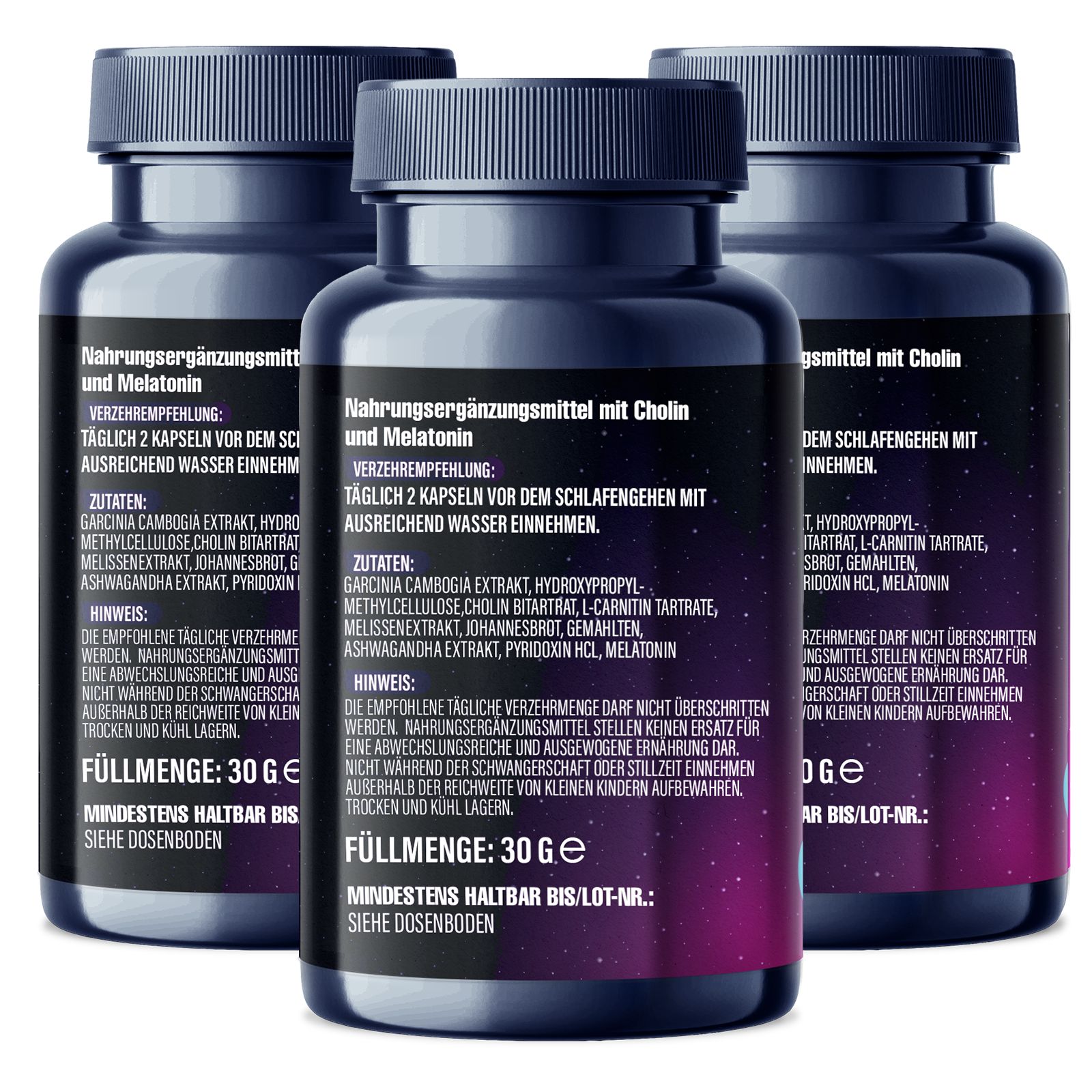 Drei Flaschen mit Inhaltsstoffangaben. Dunkelblaue Flaschen mit schwarzem Deckel. Text: Nahrungsergänzungsmittel, Inhaltsstoffe, Füllmenge.