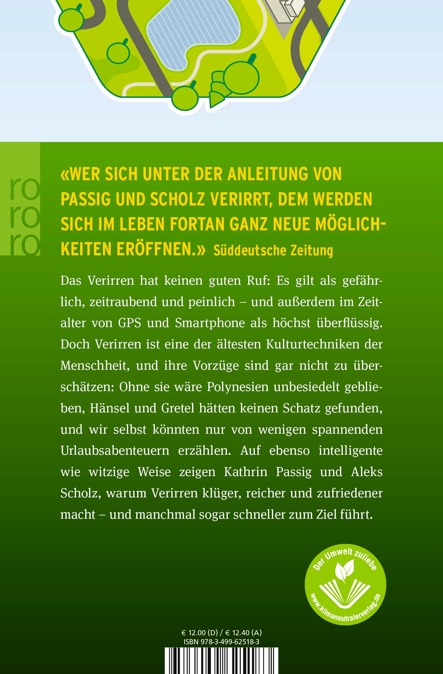 Buchrückseite. Textauszug über "VERIRREN". Logo "Der Umwelt zuliebe". ISBN-Code. Preisangaben.