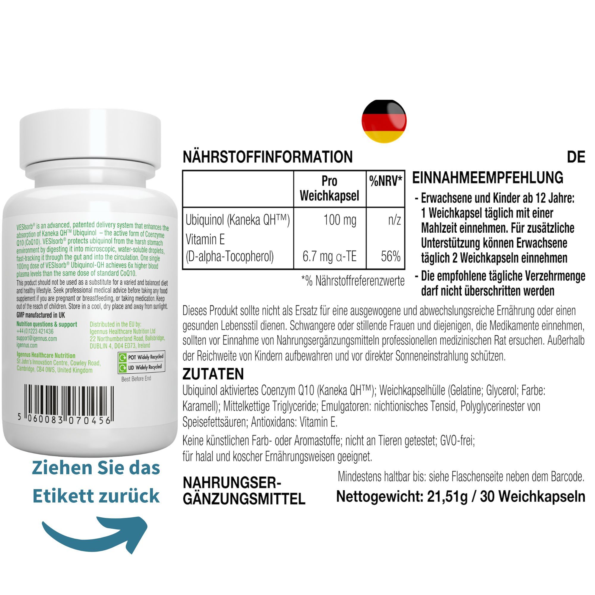 Rückseite eines Igennus Ubiquinol-QH Behälters mit Nährwertangaben und Einnahmeempfehlung.