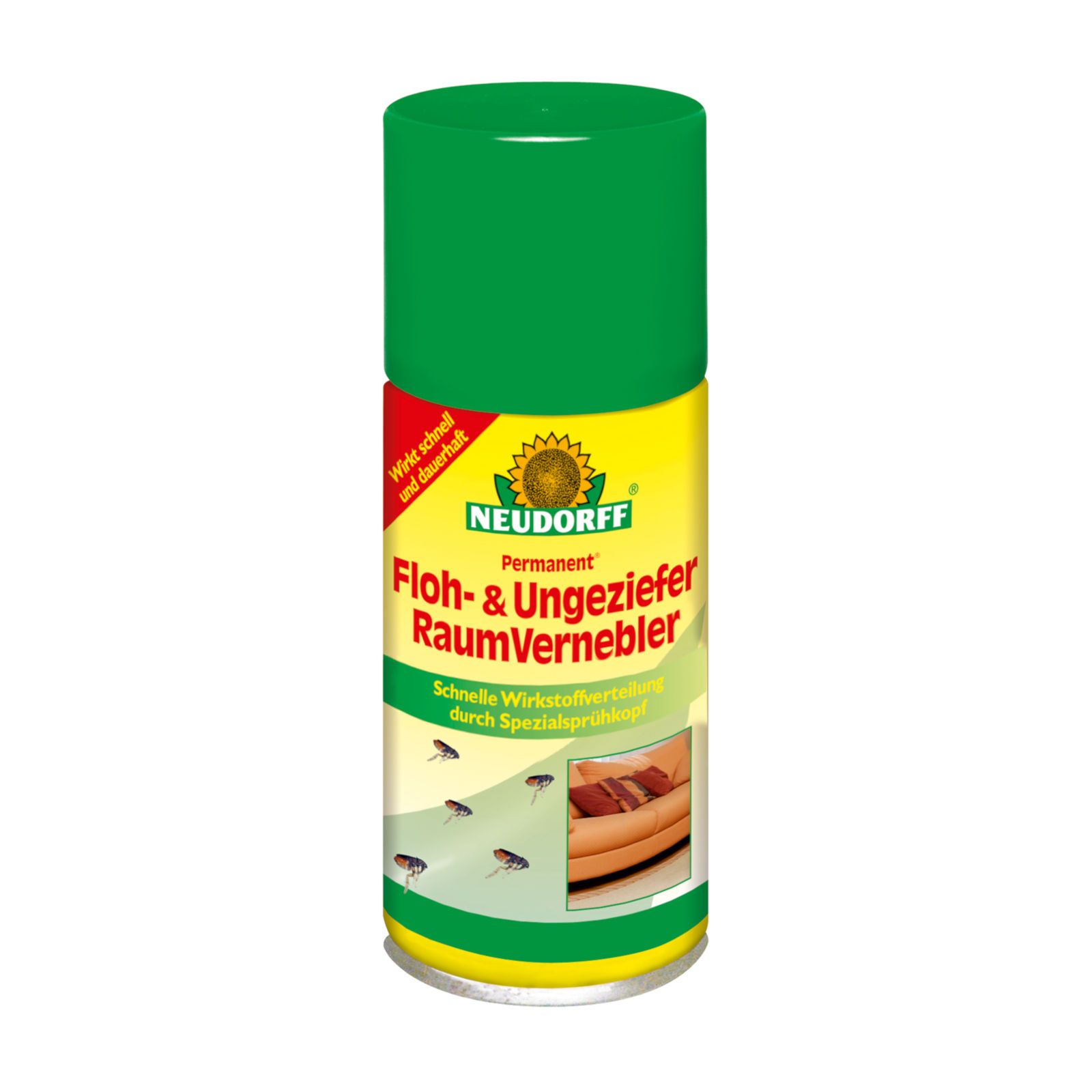 Aerosol-Dose mit grünem Deckel. Aufschrift: Neudorff Floh- & Ungeziefer RaumVernebler. Gelb-rotes Etikett mit Sonnenblumen-Logo.