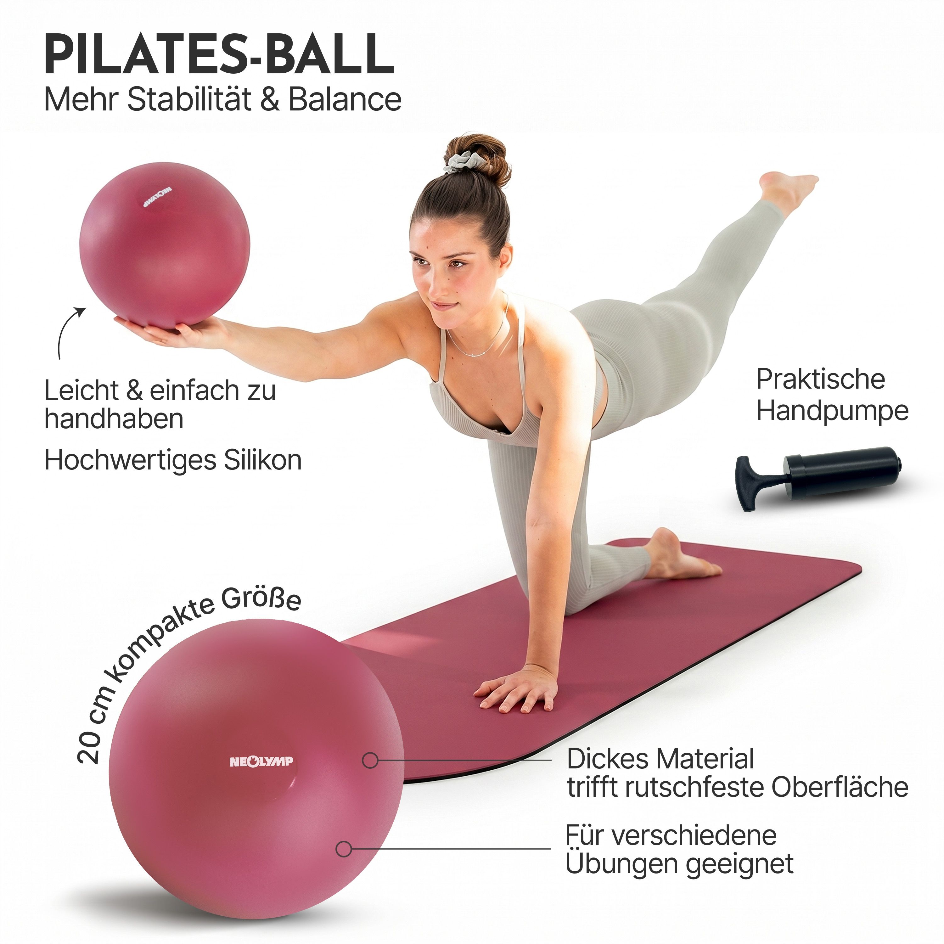 Roter Pilates-Ball von NEOLYMP mit Handpumpe, 20 cm kompakt, rutschfest.