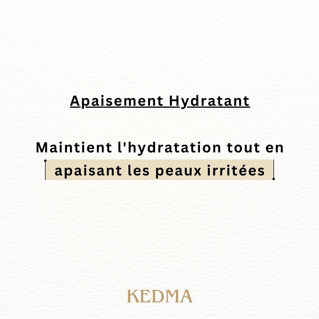 Apaisement Hydratant. Maintient l'hydratation tout en apaisant les peaux irritées. Logo Kedma.