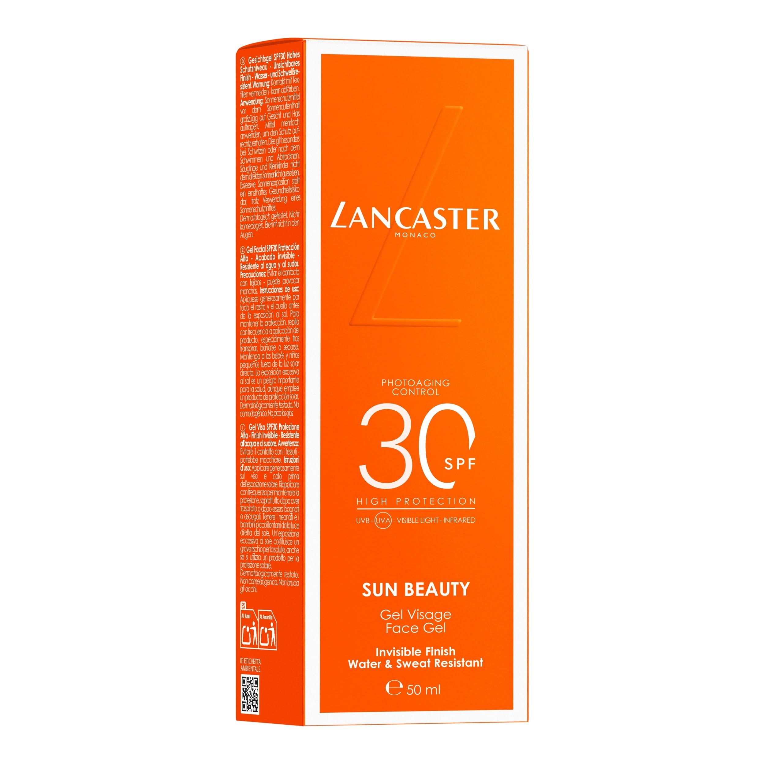 Sonnencreme-Verpackung. Beschriftung: Lancaster, Sun Beauty, SPF 30, Gel Visage Face Gel.