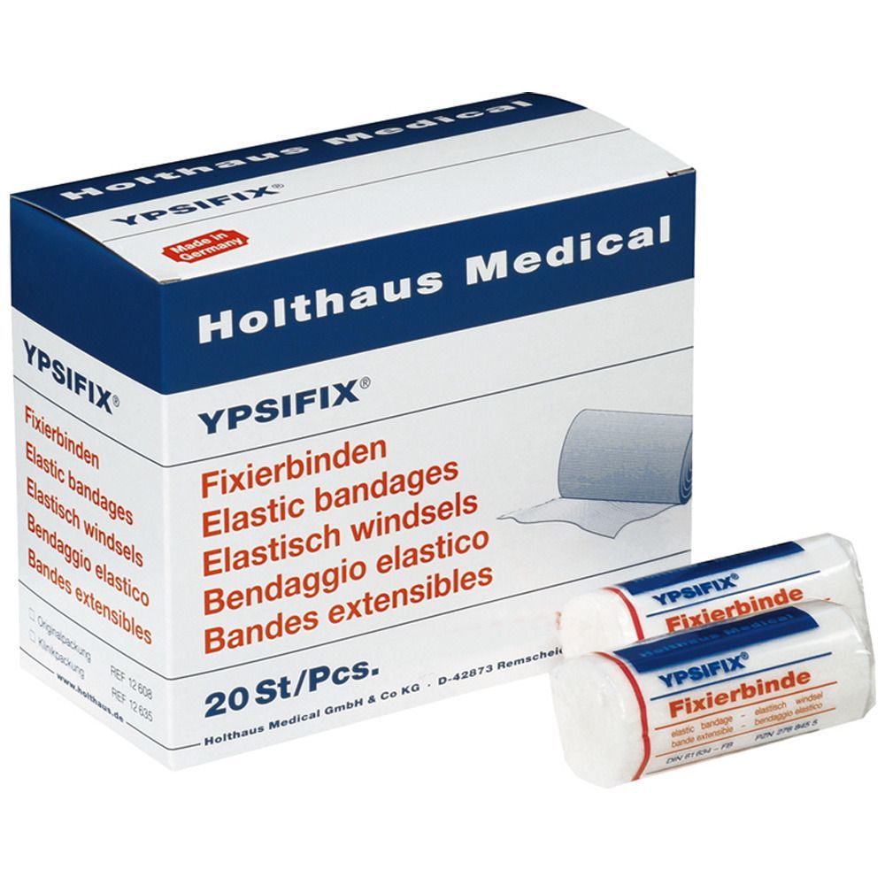 Verpackung von Holthaus Medical YPSIFIX Fixierbinden. Enthält 20 Stück. Zwei Rollen sind sichtbar.
