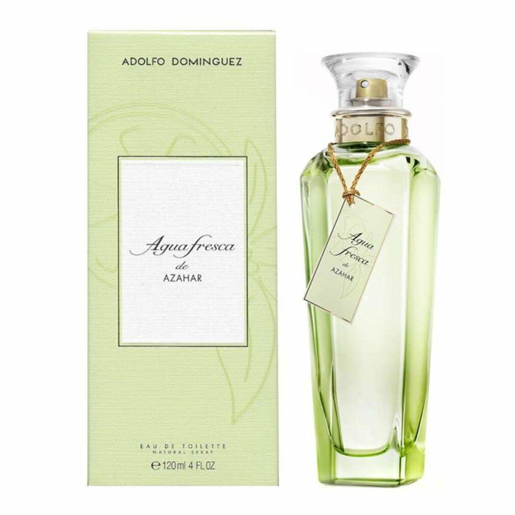 Grüner Flakon mit Etikett und Verpackung. Aufschrift: Agua fresca de Azahar. Marke: Adolfo Dominguez.