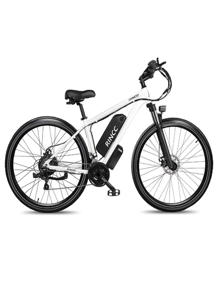 Weißes E-Mountainbike mit schwarzen Reifen und Akku. Marke Rincc, Modell RN50. Schwarzer Sattel und Lenker.