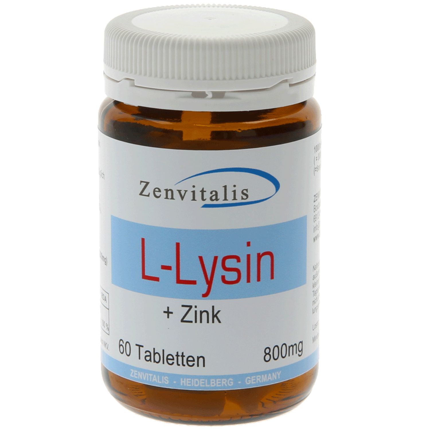 Braune Glasflasche mit weißem Deckel. Etikett mit "L-Lysin + Zink", "60 Tabletten", "800mg". Marke: Zenvitalis.