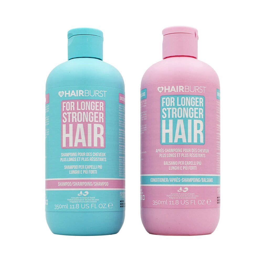 Zwei Flaschen Shampoo und Conditioner. Türkis und rosa, mit 'Hairburst' und 'For Longer Stronger Hair'. 350ml.