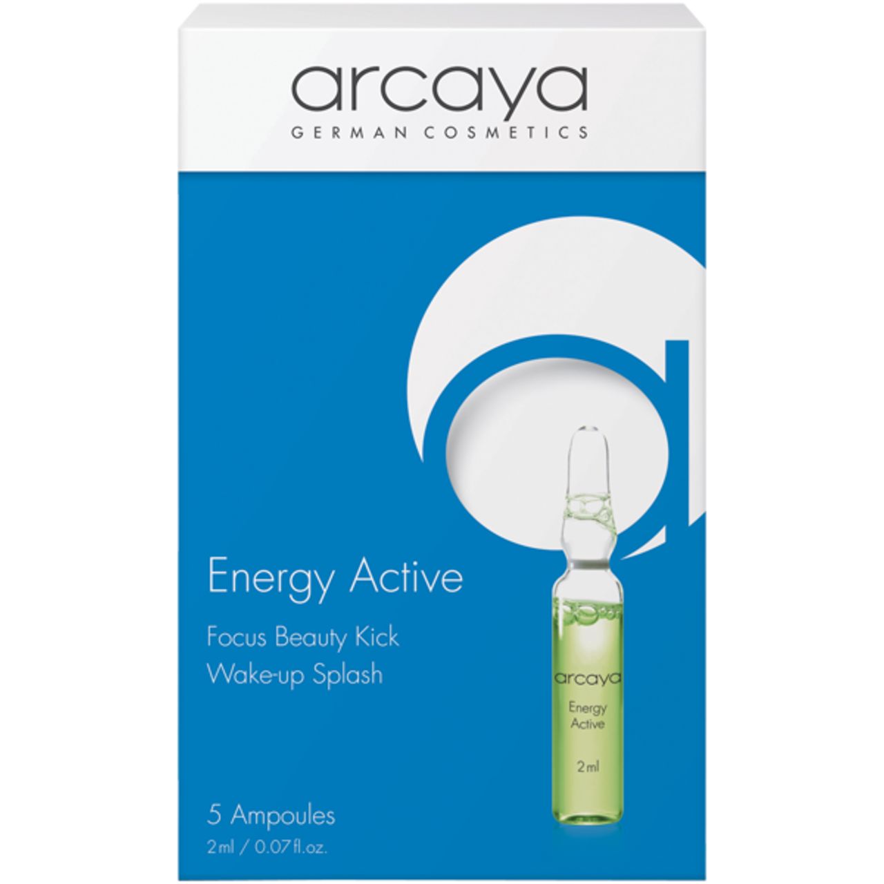 Verpackung mit Ampulle. Aufschrift: Arcaya, Energy Active, 5 Ampullen. Blaue und weiße Verpackung. Ampulle mit grüner Flüssigkeit.