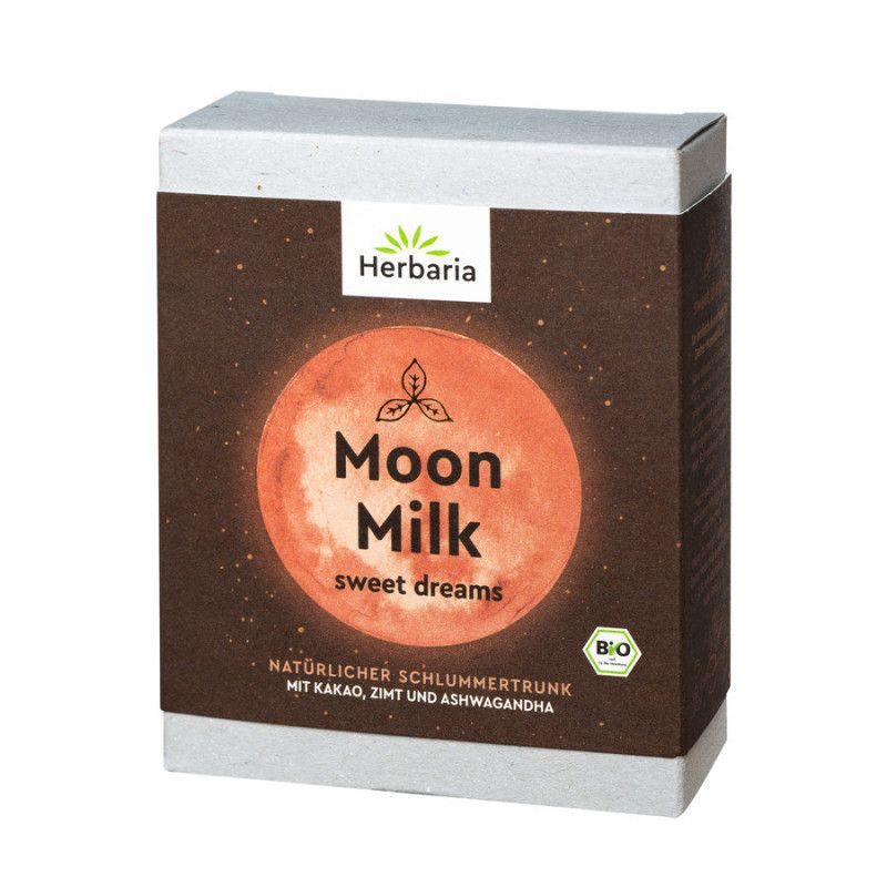 Kartonverpackung. Aufdruck: Herbaria, Moon Milk, sweet dreams. Bio-Siegel. Text: Natürlicher Schlummertrunk mit Kakao, Zimt und Ashwagandha.