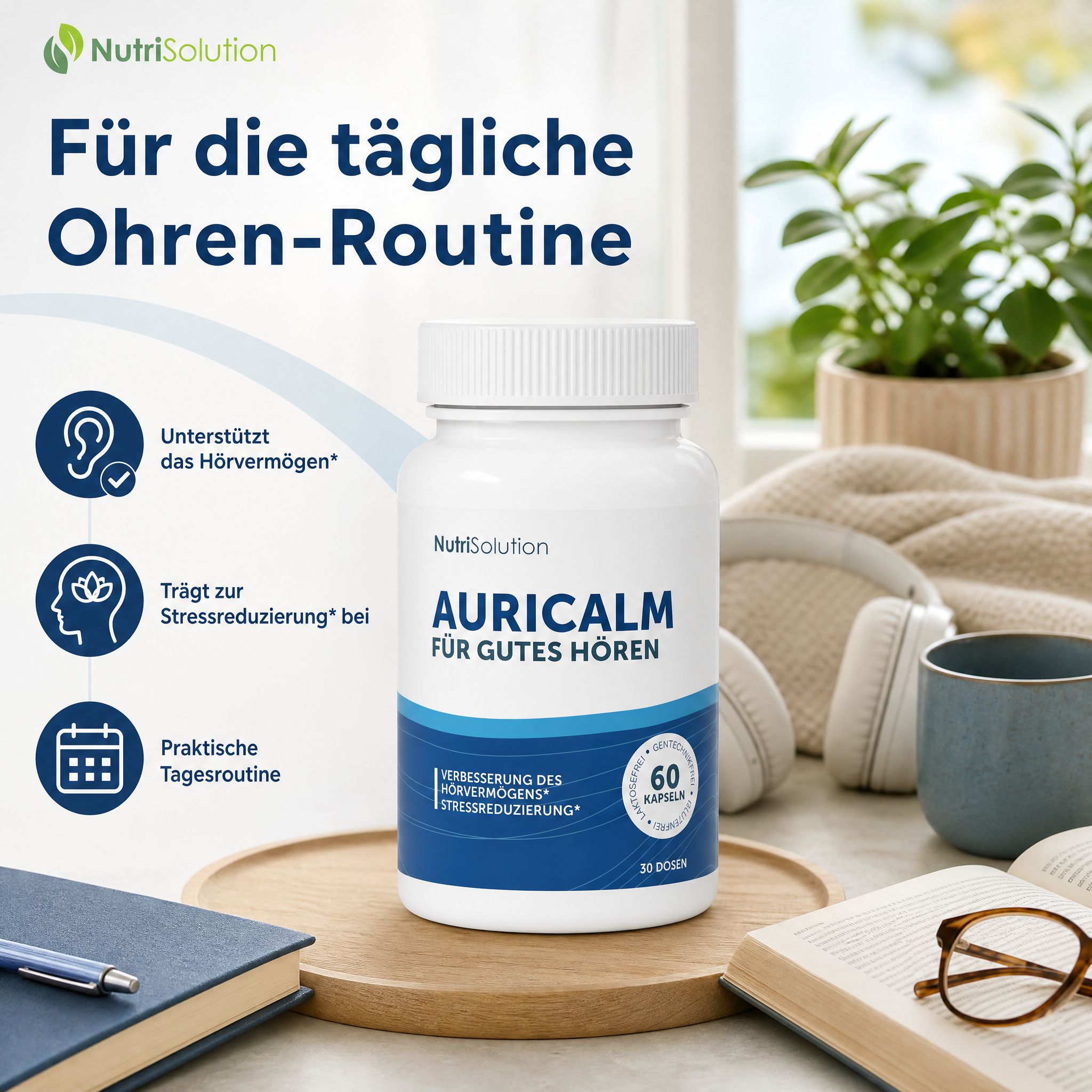 NutriSolution AuriCalm Flasche in einer ruhigen Umgebung.