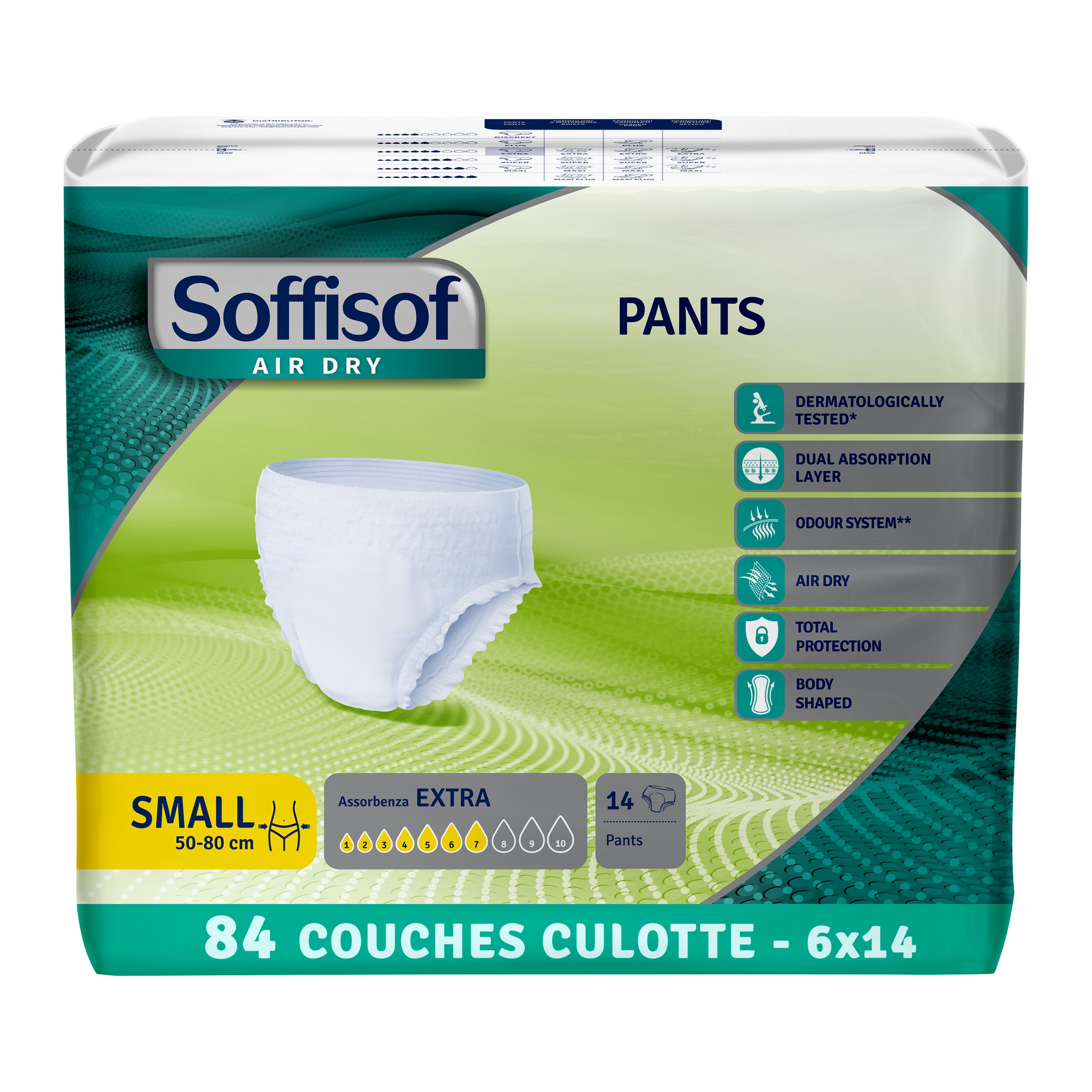 Paquet de Soffisof Pants Extra, taille Small, 14 pièces. Caractéristiques : testé dermatologiquement, double couche absorbante, contrôle des odeurs.