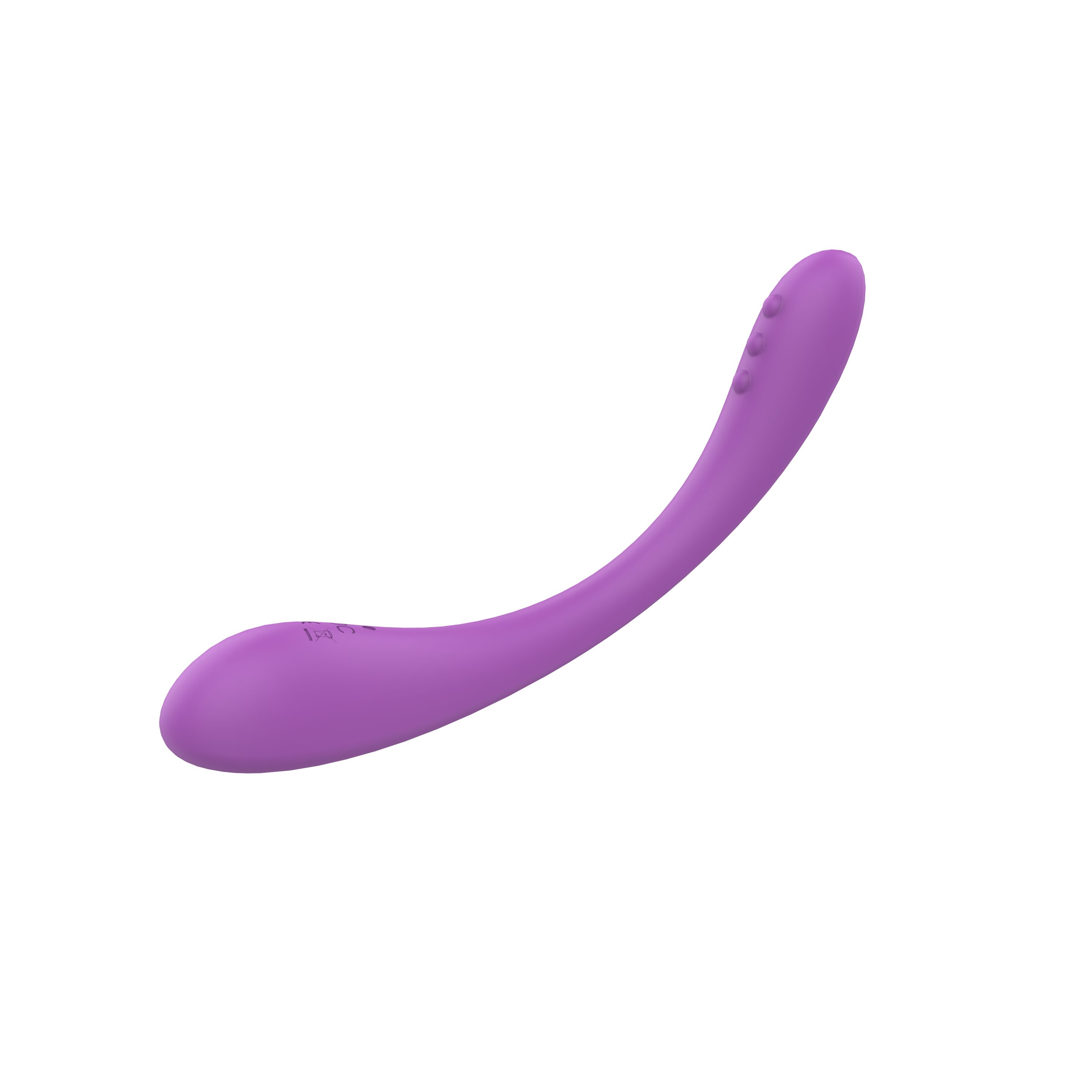 Lila Vibrator mit geschwungener Form. Drei Knöpfe an der Spitze. CE-Kennzeichnung.