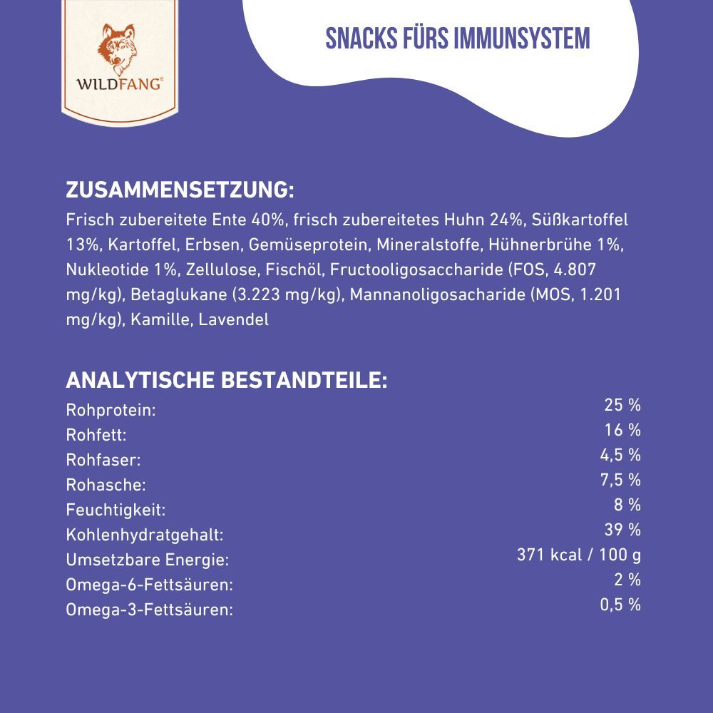 Gelber Hintergrund mit Text. Zusammensetzung und analytische Bestandteile von Snacks fürs Immunsystem.