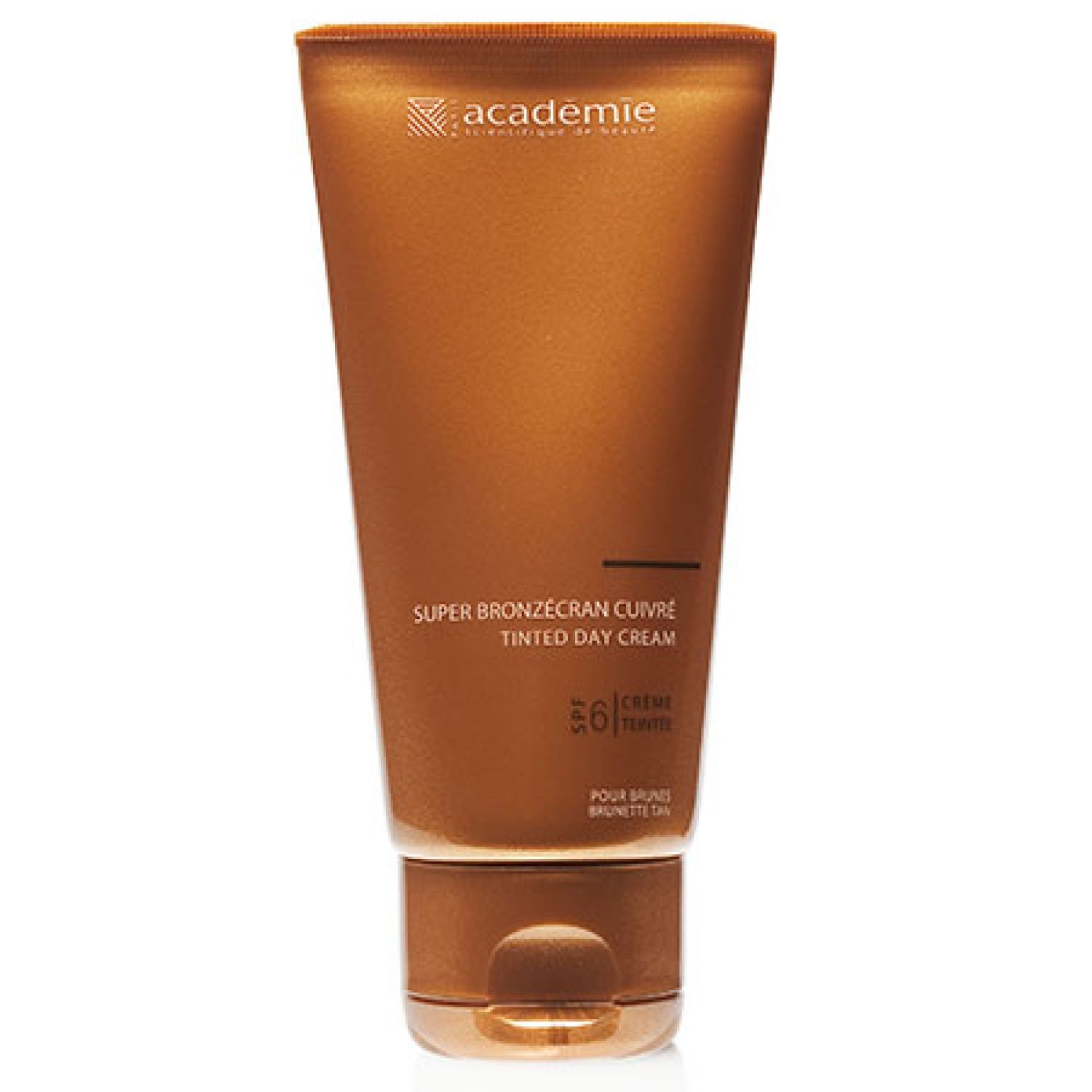 Kupferfarbene Tube mit Produkttext. Aufschrift: Academie, Super Bronzecran Cuivre, getönte Tagescreme. Für brünette Haut.