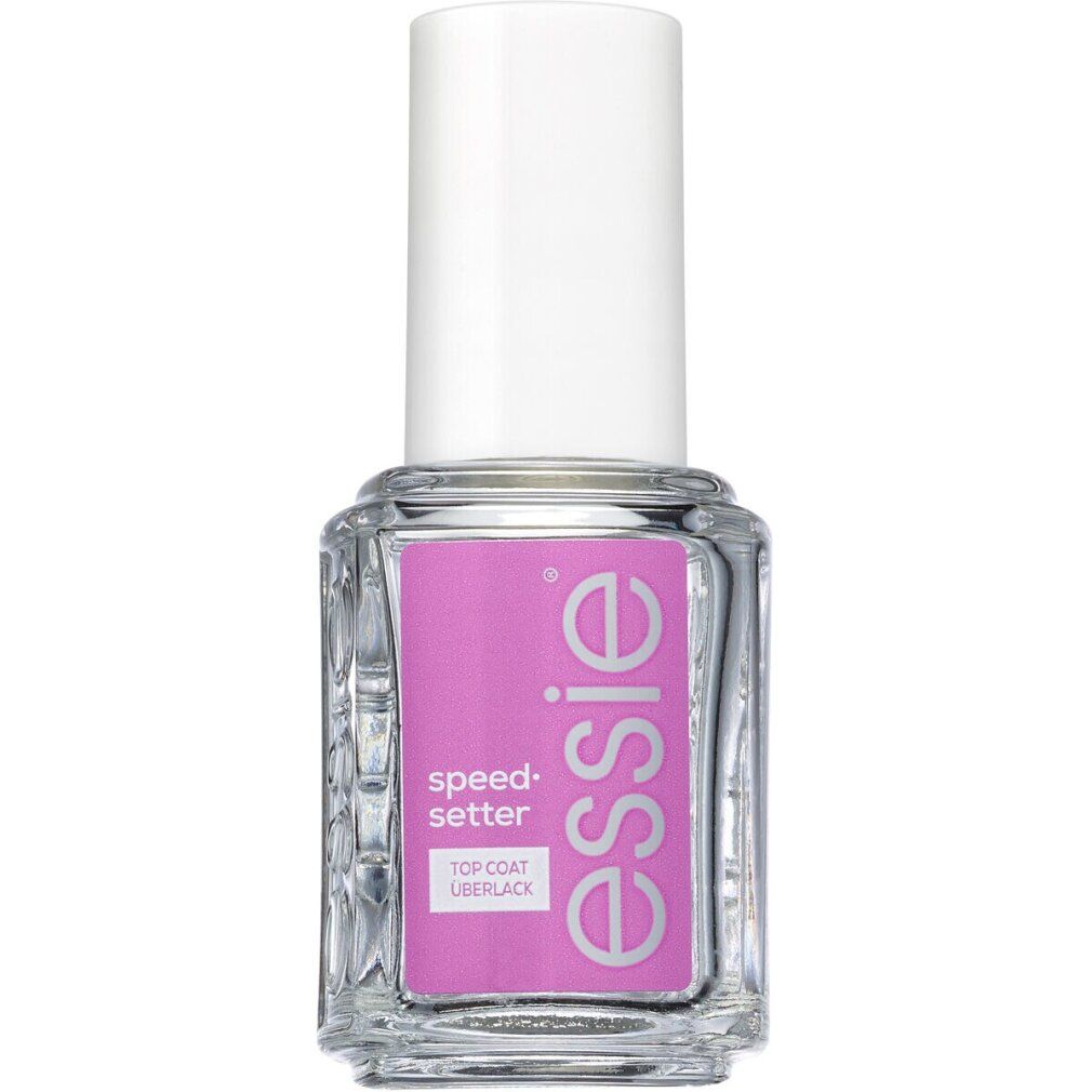 Klare Flasche mit weißem Deckel und rosa Etikett. Auf dem Etikett steht "essie speed-setter top coat uberlack".