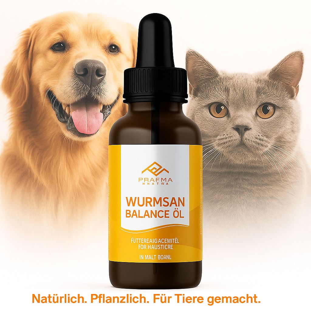 Eine Flasche Wurmsan Balance Öl vor einem Hund und einer Katze. Braune Glasflasche mit schwarzer Pipette. Gelbes Etikett mit Text.