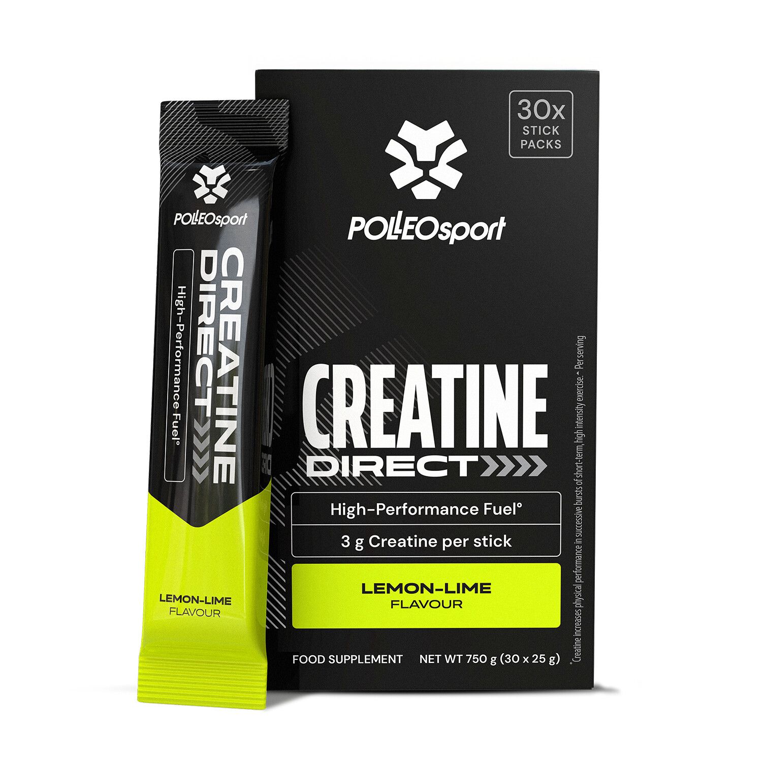 Schwarze Verpackung mit "Creatine Direct" und "30x Stick Packs". Einzelne gelbe Stickpackung mit "Lemon-Lime Flavour".