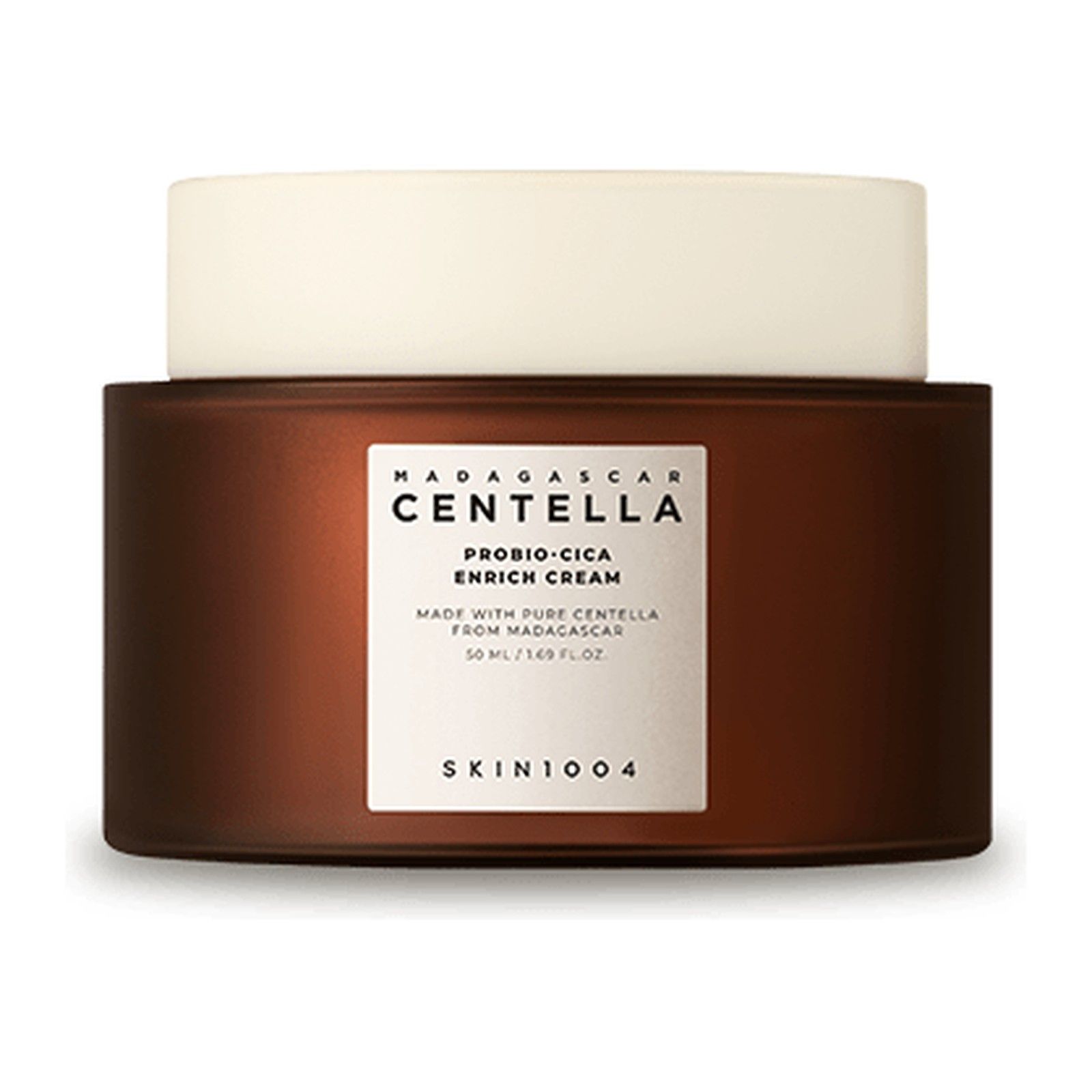 SKIN1004 Madagascar Centella Probio-Cica Enrich Cream in braunem Tiegel mit weißem Deckel.