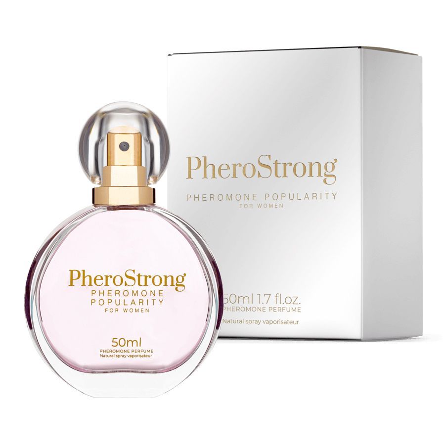 Flakon und Verpackung. Runder Flakon mit rosa Flüssigkeit. Goldfarbener Schriftzug: PheroStrong Pheromone Popularity für Frauen. 50ml.