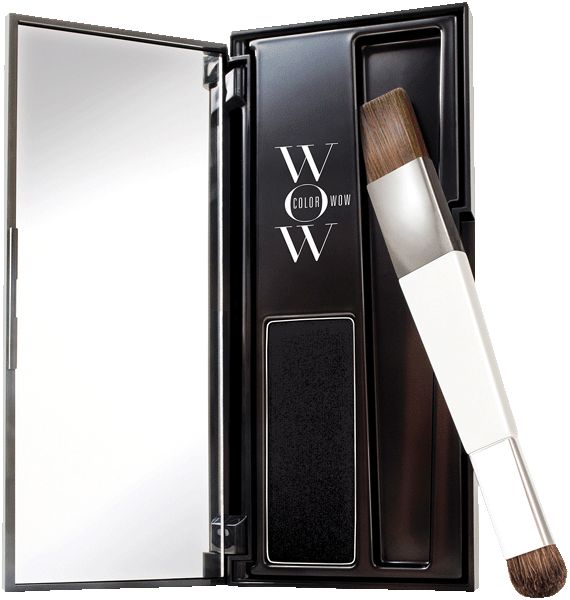 Color Wow Root Cover Up in Schwarz, geöffnet mit Spiegel und Pinsel. Enthält schwarzen Puder.