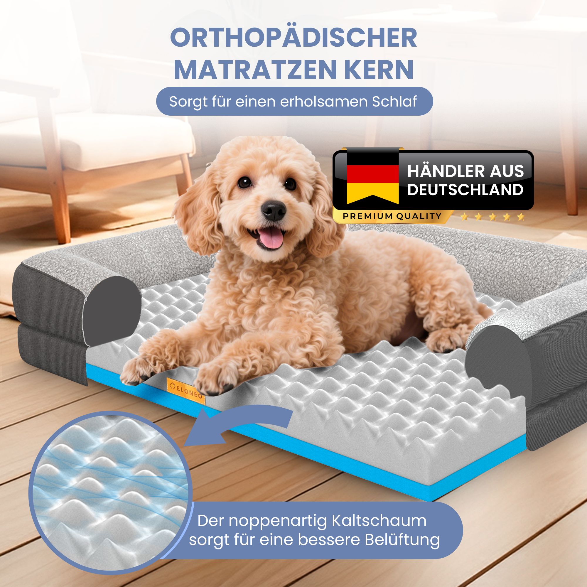 Orthopädisches Hundebett, grau. Mit Hund. Kaltschaum-Matratze. Händler aus Deutschland. Premium Quality.