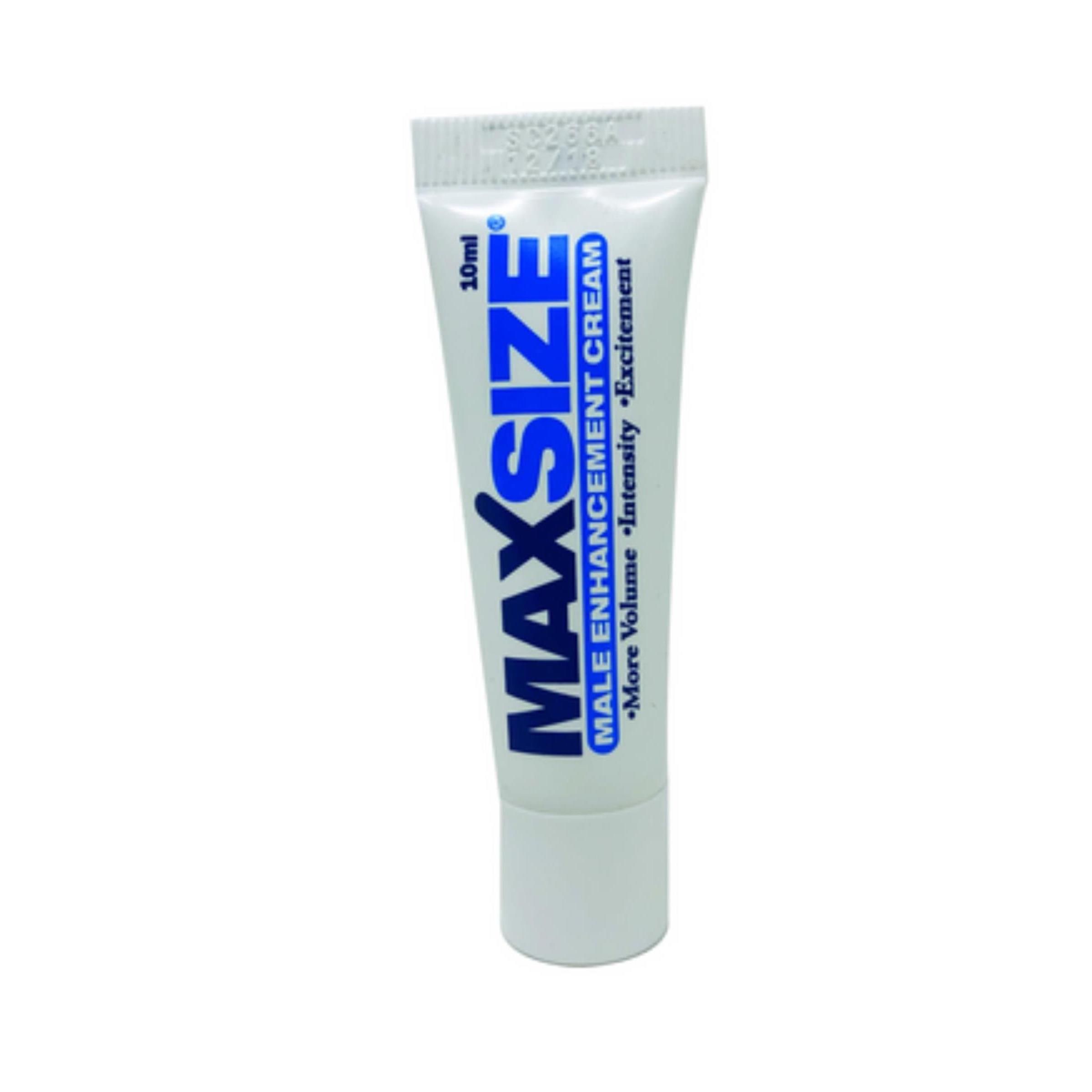 Creme-Tube mit blauer Aufschrift MAX SIZE. Enthält die Aufschrift "Male Enhancement Cream".