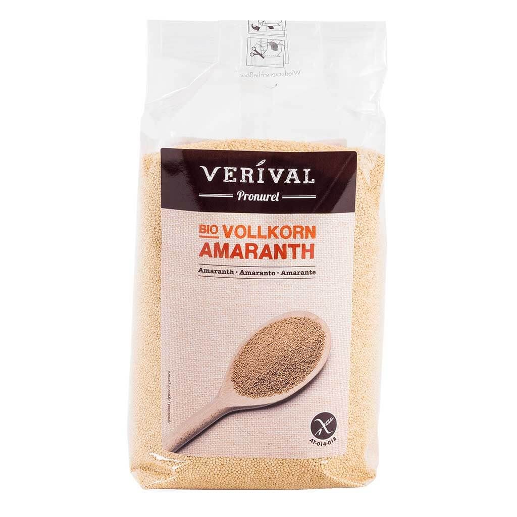 Verival Bio-Vollkorn Amaranth in transparenter Verpackung. Aufdruck mit Produktbezeichnung und Logo. Glutenfrei-Siegel.