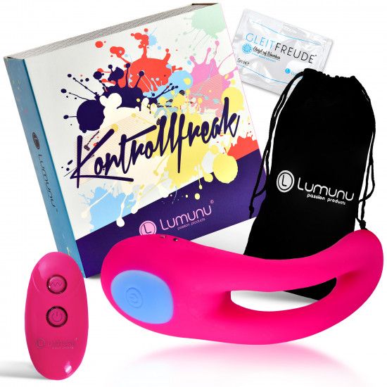 Pinkfarbener Vibrator, Verpackung, Gleitmittel und eine schwarze Tasche. Auf der Verpackung steht 'Kontrollfreak'.