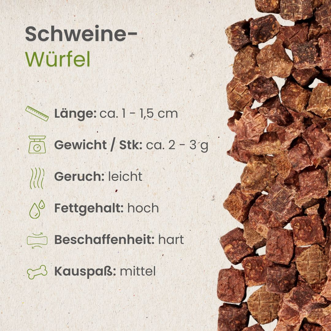 Ein Beutel mit Hundeleckerlis. Auf dem Etikett steht 'Schweine-Würfel'.