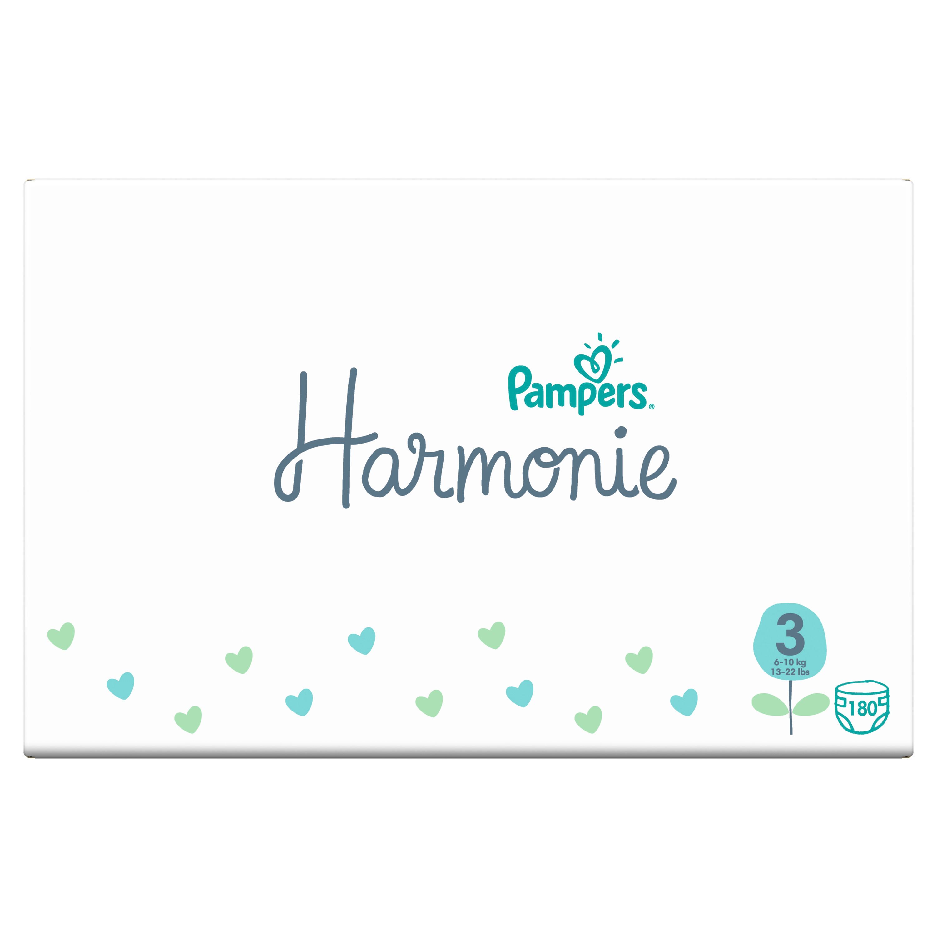 Pampers Harmonie Windeln-Packung. Weißer Karton mit Logo, Produktname und Größe 3. 180 Stück.
