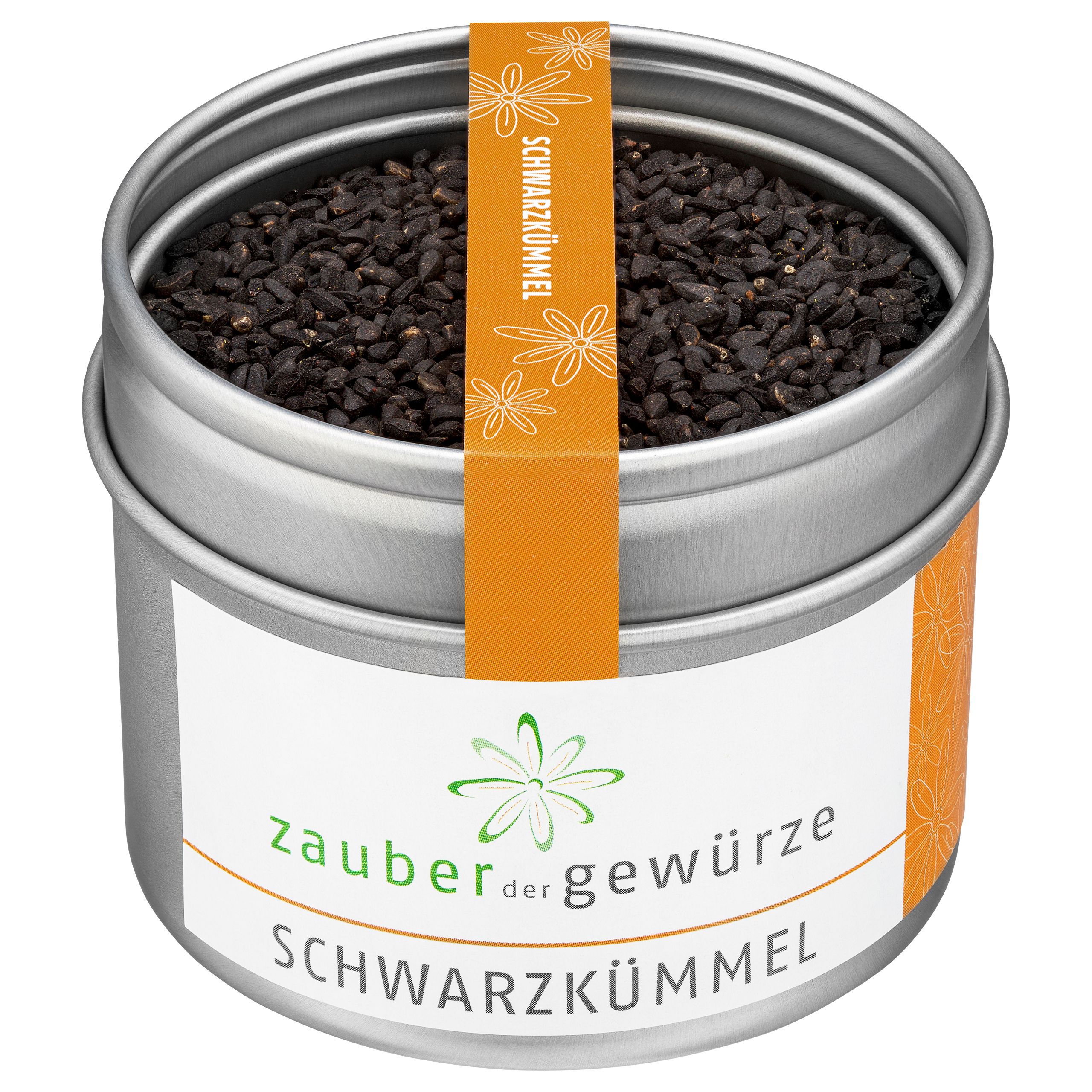 Runde Dose mit Schwarzkümmelsamen. Aufkleber mit Produktnamen und Logo. Orangefarbener Streifen mit Text.