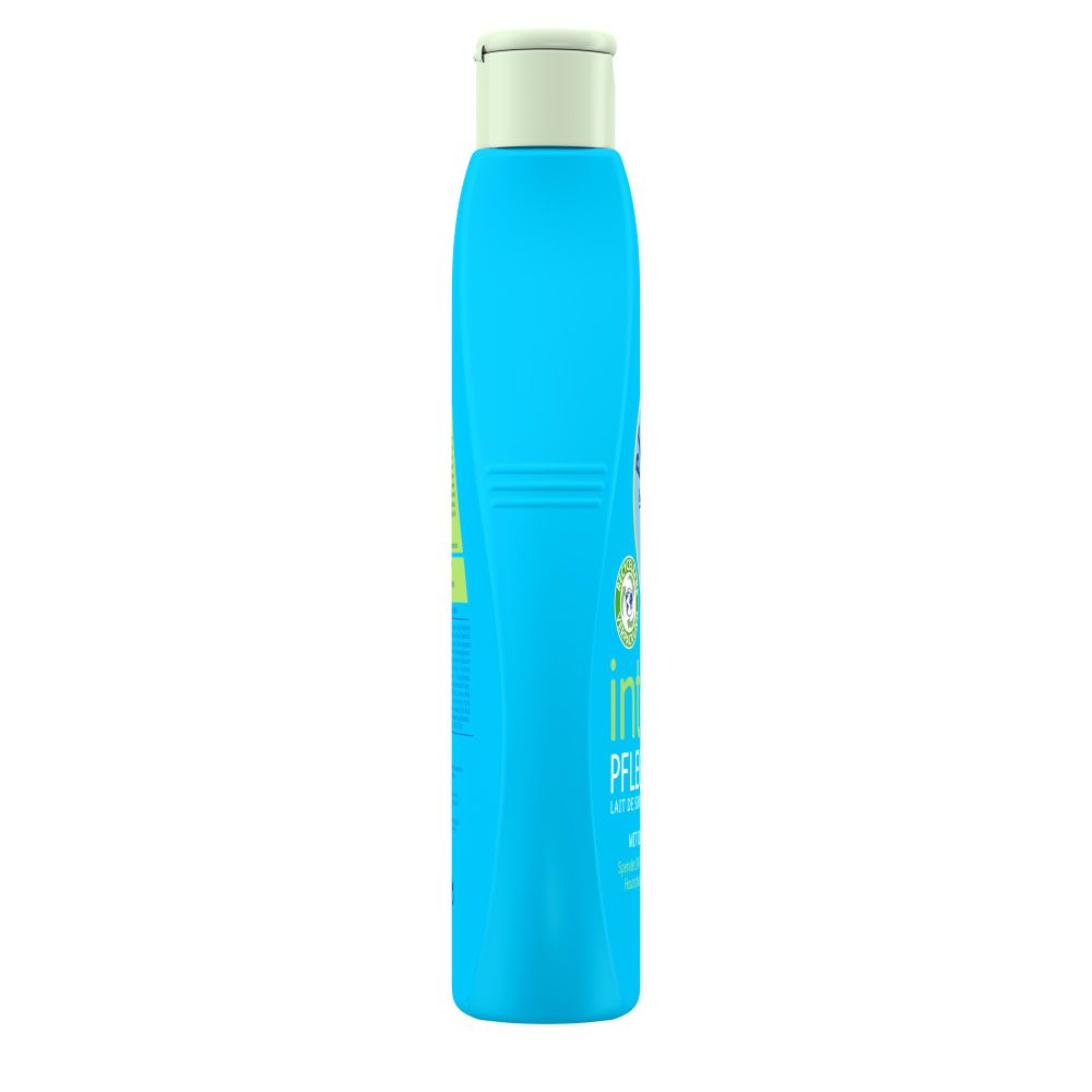 Blaue Flasche PENATEN BABY intensiv PFLEGEMILCH. Grüner Deckel. Text: Mit Olivenblattextrakt.